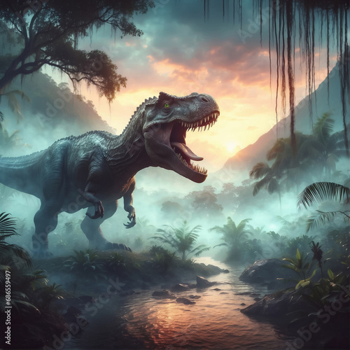 tyrannosaurus rex dinosaur, roaring, jurassic evening landscape background, foggy rainforest © Mykola