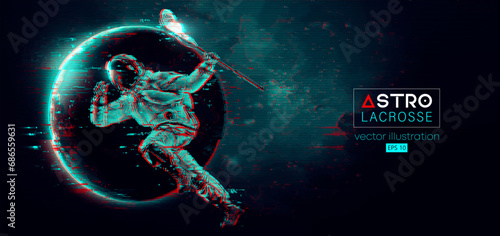 Abstract silhouette of a lacrosse player astronaut in space action and Earth, Mars, planets on the background of the space. Lacrosse player astronaut are throws the ball. Vector 3d render illustration