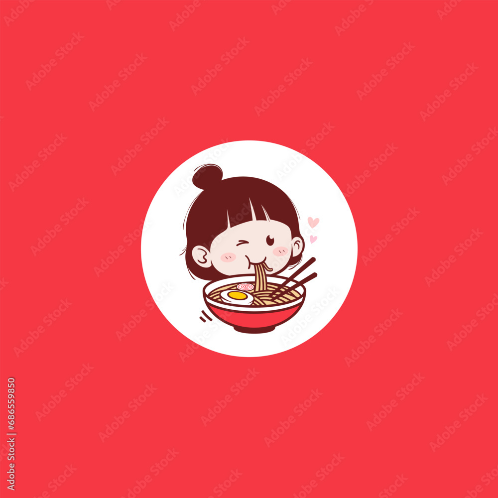 Obraz premium Cute girl holding a bowl of noodles restaurant cooking chef mascot character cartoon logo vector art illustration