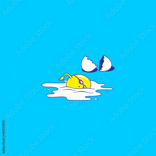 funny cartoon drawing of a character swimming inside a broken egg. vector illustration of a character swimming inside a broken egg