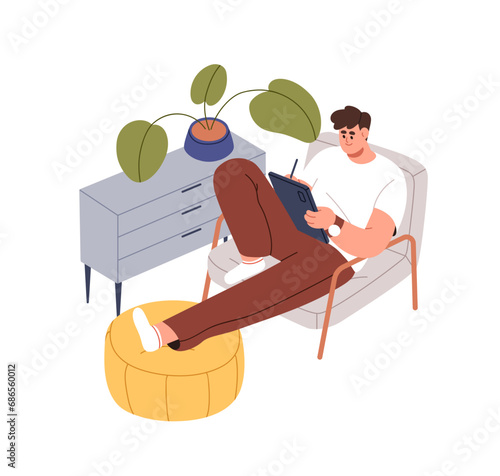Digital artist drawing on electronic tablet PC, sitting in cozy armchair at home. Creative man illustrator with pad and stylus, working on device. Flat vector illustration isolated on white background