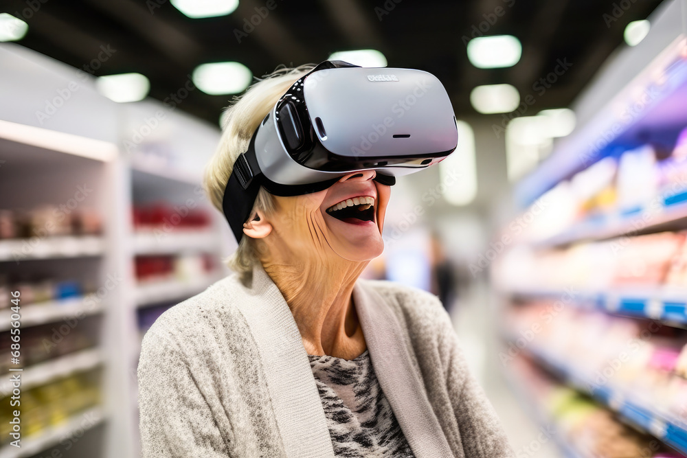 Old woman with virtual reality glasses headset shopping at the supermarket. Modern technologies of integrated reality for seniors. Old woman with virtual reality glasses headset shopping at the supermarket. Modern technologies of integrated reality for seniors.