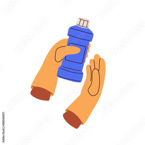 Detergent bottle in hands. Holding cleaning liquid, cleaner in plastic package for cleansing, washing. WC gel, chemical cleanser in gloves. Flat vector illustration isolated on white background