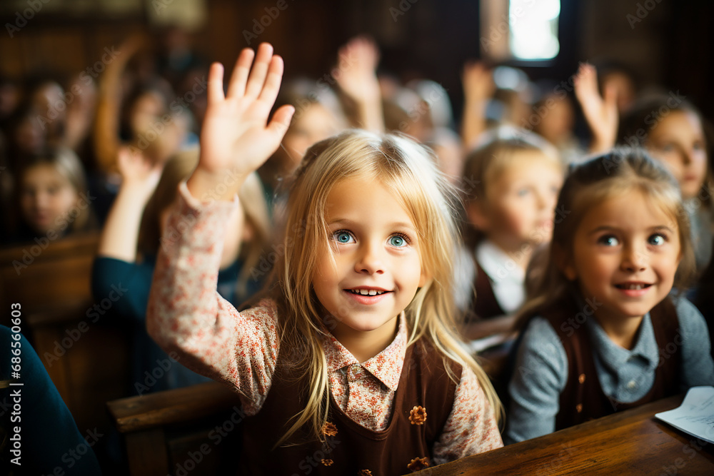 School children in classroom at lesson raising their hands School children in classroom at lesson raising their hands