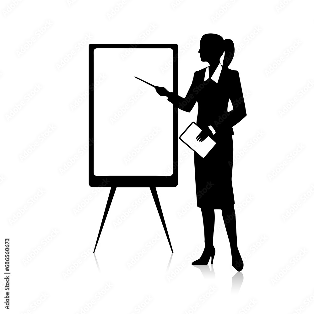 Kobieta biznesu, grafika kobiety ze wskaźnikiem i tablicą Kobieta biznesu, grafika kobiety ze wskaźnikiem i tablicą