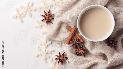 Autumn or winter composition. Gift box Coffee cup, cinnamon sticks, anise stars, beige sweater with knitted blanket on cream color gray fluffy background with generative ai