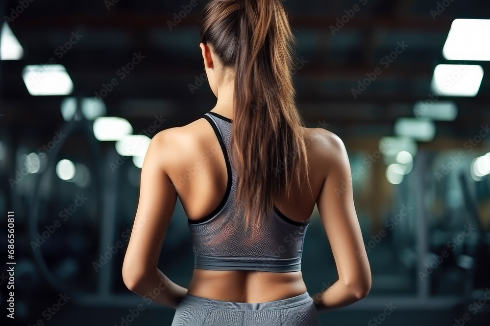Fototapeta premium Back view on a sporty young woman in the gym. Healthy lifestyle, fitness and sport.