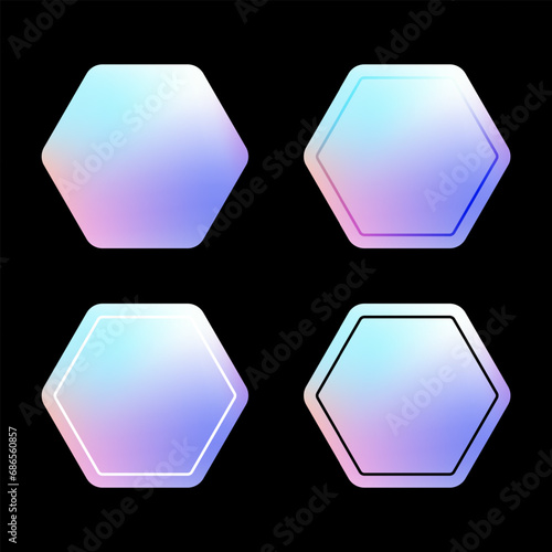 Holographic stickers. Set of hologram tag labels, iridescent foil badge stickers hexagon shape with plain, overlay, white and black border line. Sticker mockup template. Vector illustration.