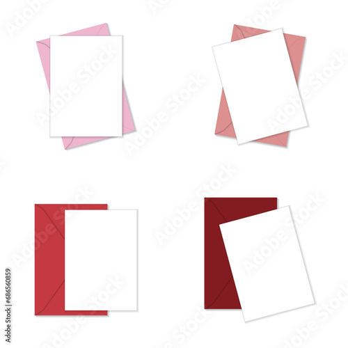 Greeting card mockup. Set of white vertical greeting cards on pink and red envelopes flat lay top view mockup template. Isolated on white background. Vector illustration.