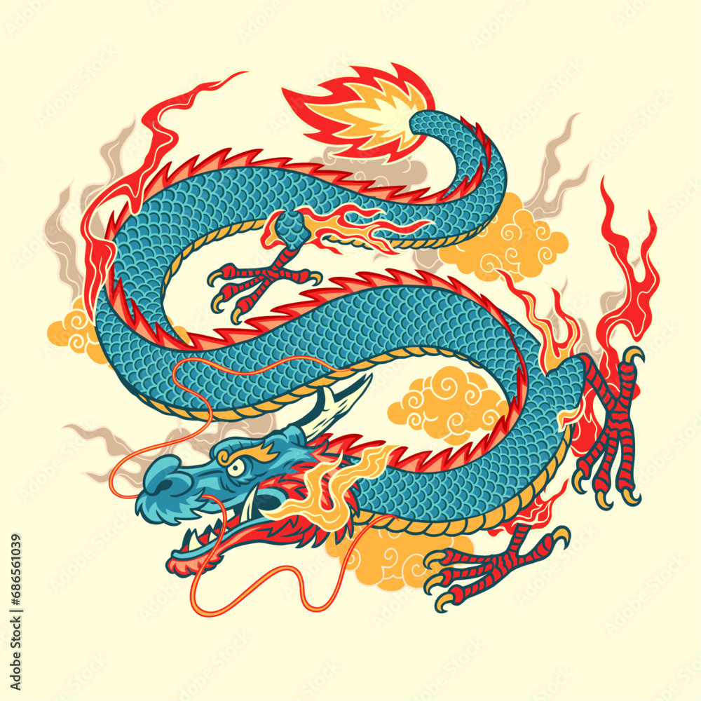 Fierce Asian Dragon Flying Over Cloud With Fire Hand Drawn Illustration Fierce Asian Dragon Flying Over Cloud With Fire Hand Drawn Illustration