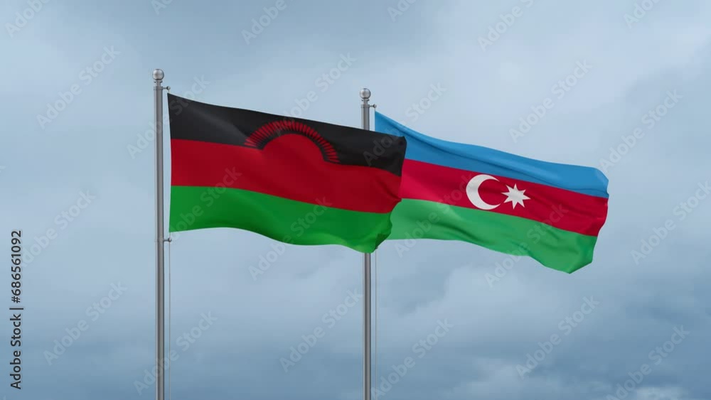 Azerbaijan and Malawi flag waving together on cloudy sky, endless seamless loop, two country cooperation concept Azerbaijan and Malawi flag waving together on cloudy sky, endless seamless loop, two country cooperation concept