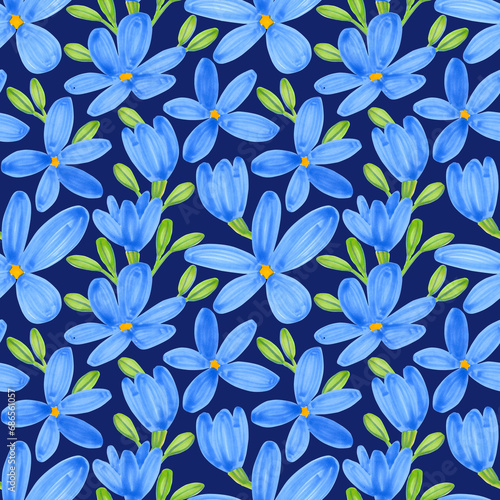 Fototapeta Naklejka Na Ścianę i Meble -  Seamless pattern of blue flax flowers, green leaves. Hand drawn illustration by markers on dark blue background. Wildflowers. Botanical hand painted floral elements. For fabric, sketchbook, wallpaper