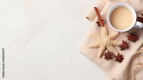 Autumn or winter composition. Gift box Coffee cup, cinnamon sticks, anise stars, beige sweater with knitted blanket on cream color gray fluffy background with generative ai