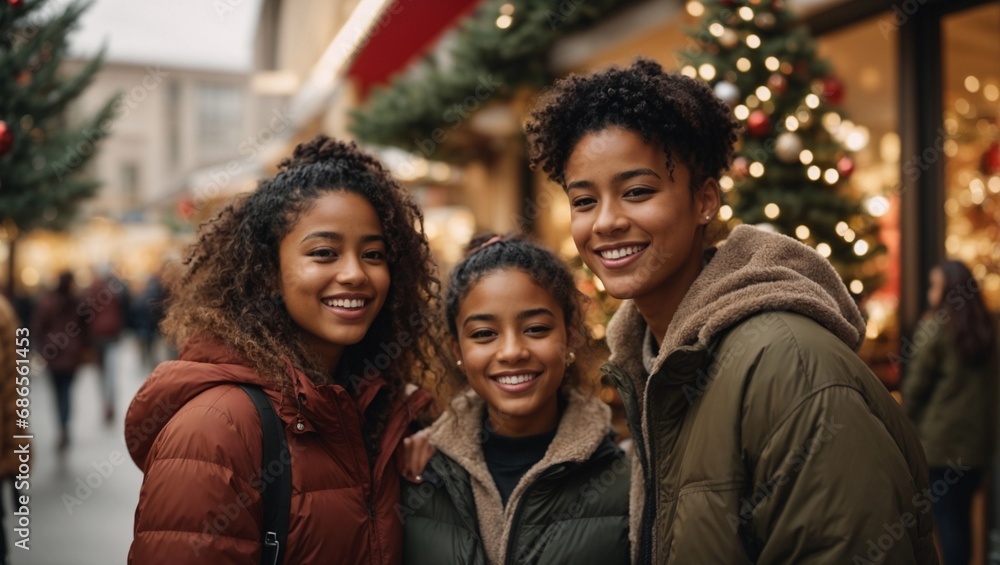 Group young multiracial friends having fun while doing shopping at the winter city