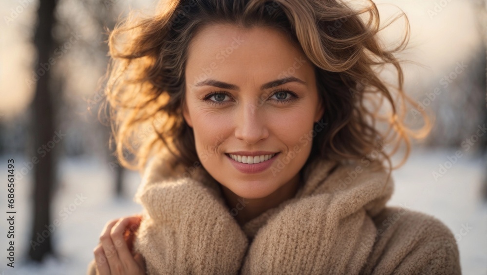 Happy pretty middle age woman using a sking protection cream in winter Happy pretty middle age woman using a sking protection cream in winter