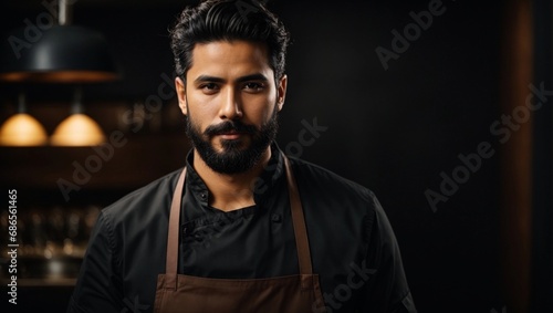  chef or waiter young black haired 
 male with beard  on uniform in dark background
 photo