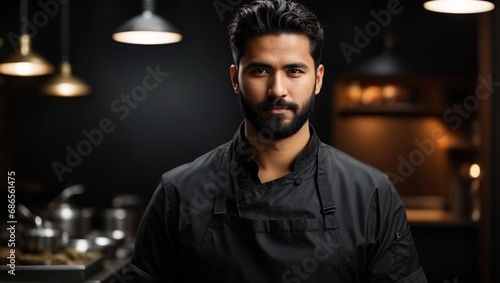  chef or waiter young black haired 
 male with beard  on uniform in dark background
