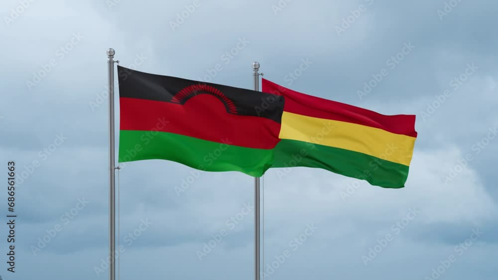Bolivia flag and Malawi flag waving together on cloudy sky, endless seamless loop, two country relations concept Bolivia flag and Malawi flag waving together on cloudy sky, endless seamless loop, two country relations concept