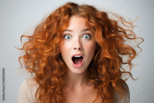 Emotional portrait of a woman, surprised or shocked Caucasian young curly redhead woman on a gray background looking at camera with big eyes photo