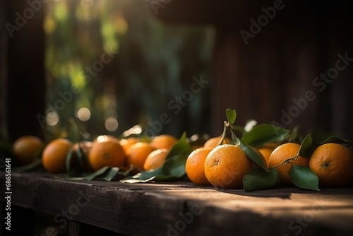 Fresh  juicy oranges harvest on an outdoor table against the backdrop of a sunny day and an orange orchard farm. Essence of ripe  sun-kissed citrus fruits in a picturesque agricultural setting.