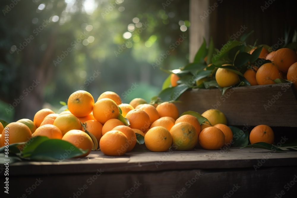 Fresh, juicy oranges harvest on an outdoor table against the backdrop of a sunny day and an orange orchard farm. Essence of ripe, sun-kissed citrus fruits in a picturesque agricultural setting.