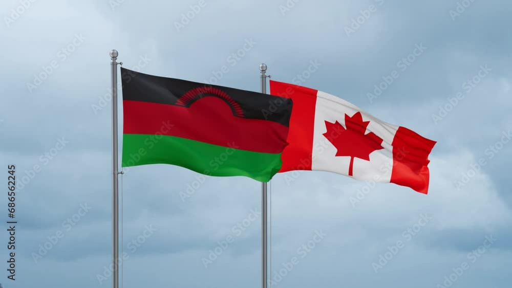 Canada and Malawi flag waving together on cloudy sky, endless seamless loop, two country cooperation concept Canada and Malawi flag waving together on cloudy sky, endless seamless loop, two country cooperation concept