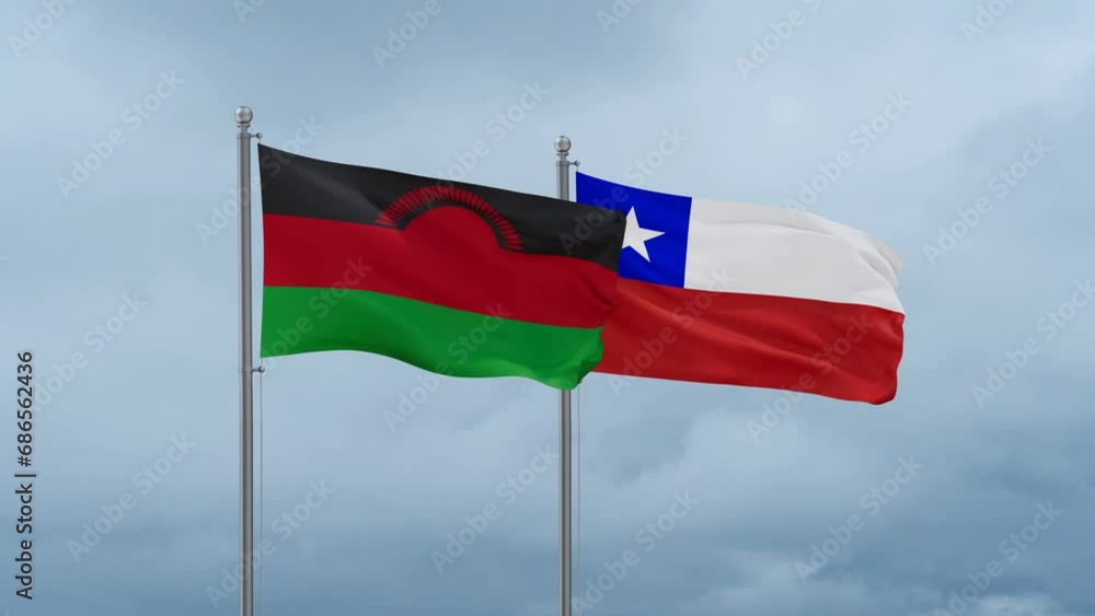 Chile flag and Malawi flag waving together on cloudy sky, endless seamless loop, two country relations concept Chile flag and Malawi flag waving together on cloudy sky, endless seamless loop, two country relations concept