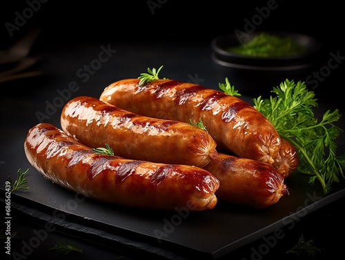 a group of sausages on a black plate