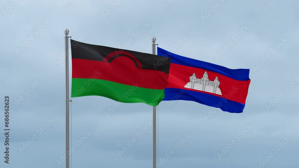 Cambodia flag and Malawi flag waving together on cloudy sky, endless seamless loop, two country relations concept Cambodia flag and Malawi flag waving together on cloudy sky, endless seamless loop, two country relations concept