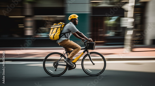 a man riding a bike with a yellow backpack