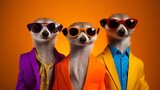 a group of meerkats wearing colorful suits and sunglasses