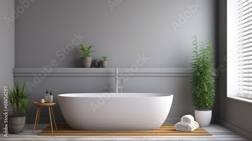 minimalist bathroom interior, concrete floor and gray and beige walls, bathroom cabinet, bathtub.