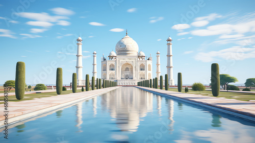 a white building with a dome and towers with Taj Mahal in the background