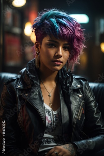 A close-up of a beautiful hacker woman with dyed pink hair and wearing a black leather jacket, with a direct look at the camera.