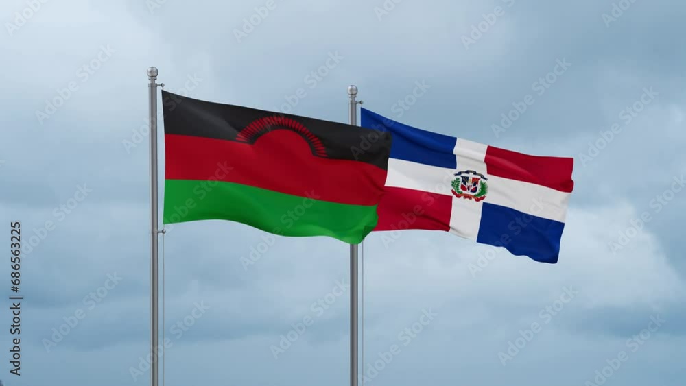 Dominican Republic flag and Malawi flag waving together on cloudy sky, endless seamless loop, two country relations concept Dominican Republic flag and Malawi flag waving together on cloudy sky, endless seamless loop, two country relations concept