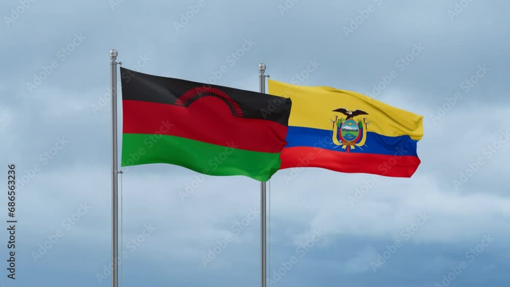 Ecuador flag and Malawi flag waving together on cloudy sky, endless seamless loop, two country relations concept Ecuador flag and Malawi flag waving together on cloudy sky, endless seamless loop, two country relations concept