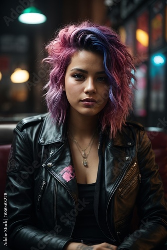 A close-up of a beautiful hacker woman with dyed pink hair and wearing a black leather jacket, with a direct look at the camera. © liliyabatyrova