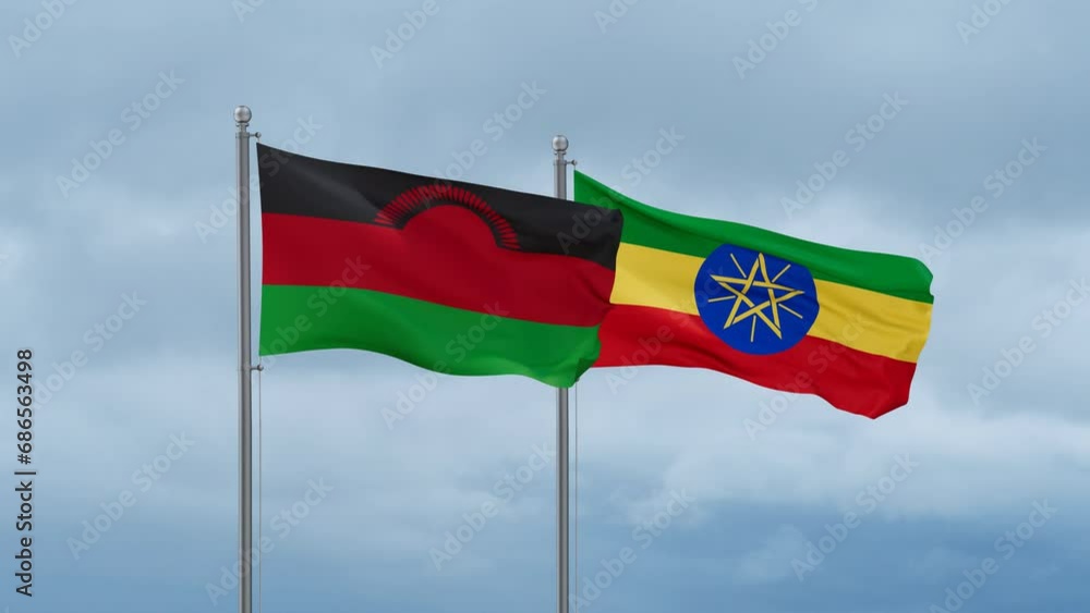 Ethiopia flag and Malawi flag waving together on cloudy sky, endless seamless loop, two country relations concept Ethiopia flag and Malawi flag waving together on cloudy sky, endless seamless loop, two country relations concept