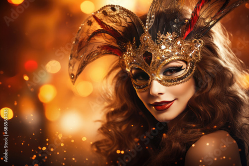 Beauty woman looking at cam wearing a carnival mask over a party glowing background with beautiful bokeh © Ivan Guia