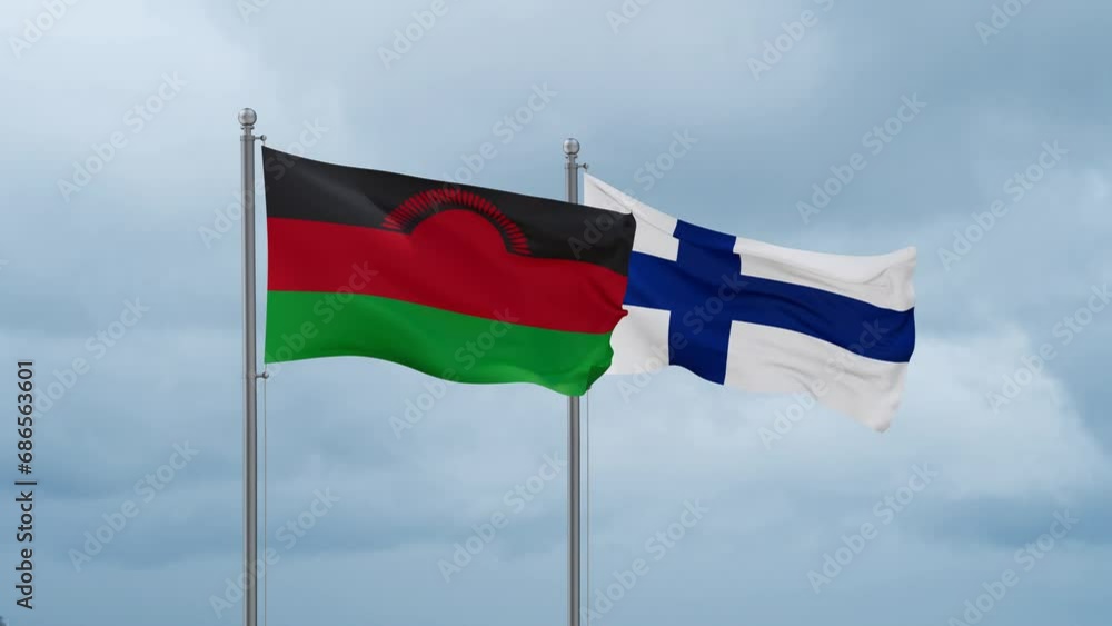 Finland flag and Malawi flag waving together on cloudy sky, endless seamless loop, two country relations concept Finland flag and Malawi flag waving together on cloudy sky, endless seamless loop, two country relations concept