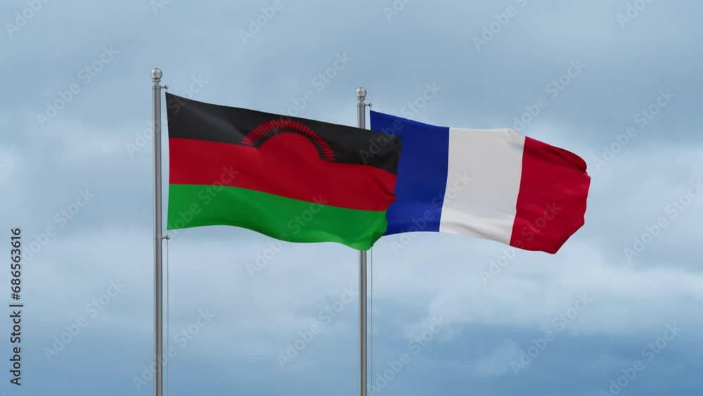 France and Malawi flags waving together on cloudy sky, endless seamless loop, two country relations concept France and Malawi flags waving together on cloudy sky, endless seamless loop, two country relations concept