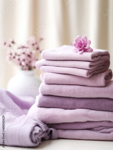 a stack of folded towels with a flower on top