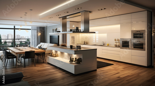 Stylish apartment interior with modern kitchen. Idea for home design. generative ai.