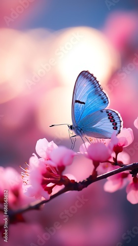Beautiful blue butterfly sitting on the Pink blossom Sakura tree. AI generated image