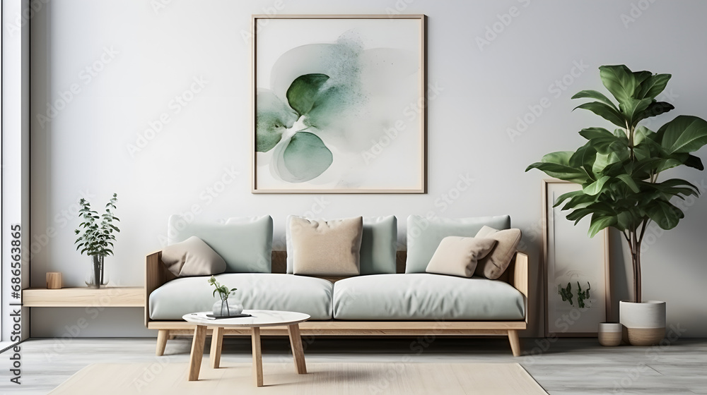Stylish scandinavian living room interior with design mint sofa, furnitures, mock up poster map, plants, and elegant personal accessories. generative ai.