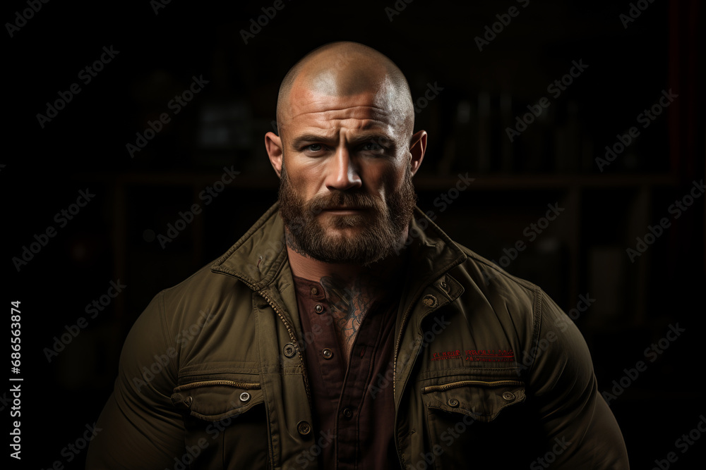 Portrait of a serious muscular man on a black background