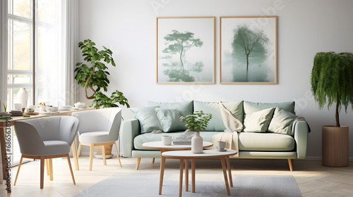 Stylish scandinavian living room with design mint sofa, furnitures, mock up poster map, plants and elegant personal accessories. Modern home decor. Open space with dining room. generative ai. © raza