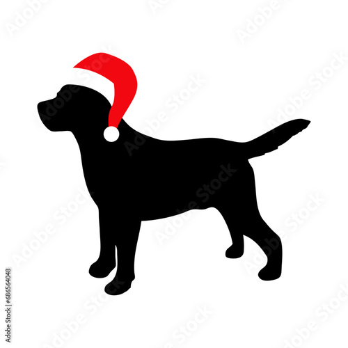 Tiempo de Navidad. Logo pet friendly. Silueta de perro de pie con sombrero de Santa Claus en espacio negativo para su uso en tarjetas y felicitaciones