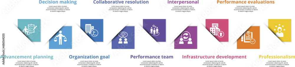 Infographics with Corporative Development theme icons, 10 steps. Such as advancement planning, decision making, organization goal, collaborative resolution and more. Infographics with Corporative Development theme icons, 10 steps. Such as advancement planning, decision making, organization goal, collaborative resolution and more.