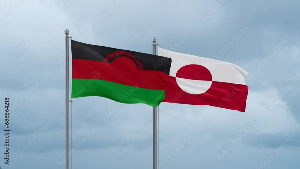 Greenland flag and Malawi flag waving together on cloudy sky, endless seamless loop, two country relations concept Greenland flag and Malawi flag waving together on cloudy sky, endless seamless loop, two country relations concept
